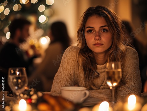 Mulher pensativa e melancólica revela a complexidade das emoções durante o natal e reveillon. Uma reflexão sobre a saúde mental e o bem-estar em momentos considerados alegres photo