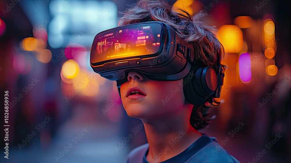 A young boy is deeply immersed in virtual reality, wearing VR glasses with a digital projection illuminating his focused expression. A young boy is deeply immersed in virtual reality, wearing VR glasses with a digital projection illuminating his focused expression.