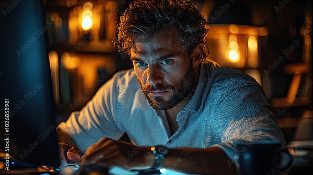 A young businessman working late at a computer, demonstrating that success is achieved through a combination of hard work and dedication. A young businessman working late at a computer, demonstrating that success is achieved through a combination of hard work and dedication.