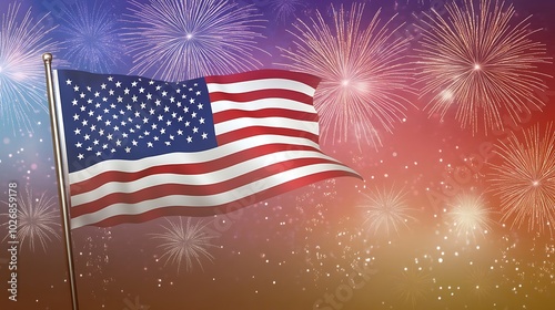 A Fourth of July scene with an American flag waving against a backdrop of fireworks, photorealistic