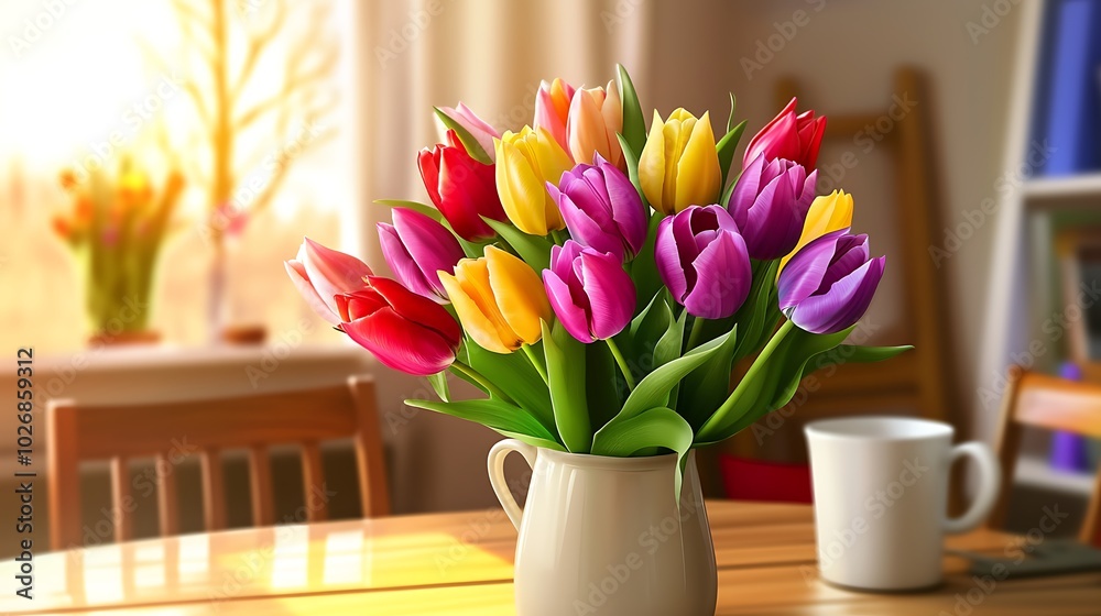 A bouquet of fresh tulips in vibrant colors placed in a vase on a table, symbolizing spring, photorealistic A bouquet of fresh tulips in vibrant colors placed in a vase on a table, symbolizing spring, photorealistic