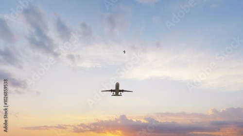 Ultra HD 4K. Airplane flies in sky at sunset day. Travel. Airplane takes off against the background of sunset. 