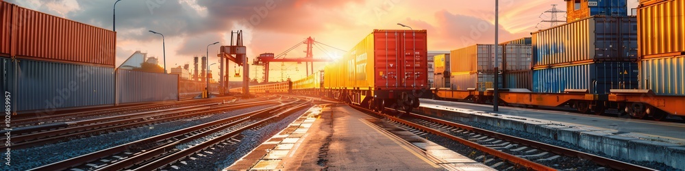 A freight train is being loaded with colorful containers at a busy railway station as the sun sets, illuminating the scene with warm light. Generative AI A freight train is being loaded with colorful containers at a busy railway station as the sun sets, illuminating the scene with warm light. Generative AI