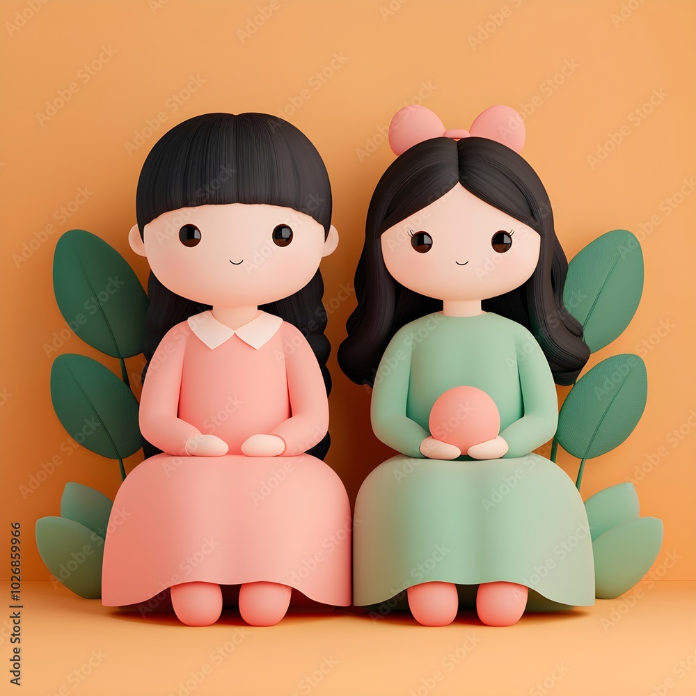 Two cute cartoon girls sitting with plants in a colorful setting Two cute cartoon girls sitting with plants in a colorful setting