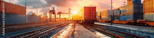 A freight train is being loaded with colorful containers at a busy railway station as the sun sets, illuminating the scene with warm light. Generative AI photo