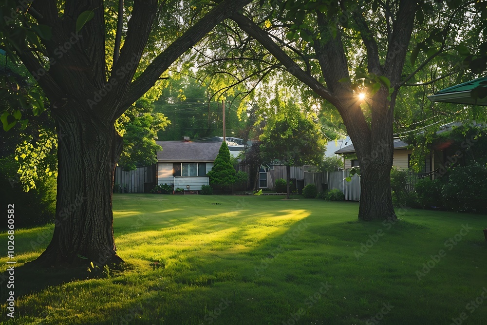 Obraz premium Sunset in the park with green grass, trees and sunbeams