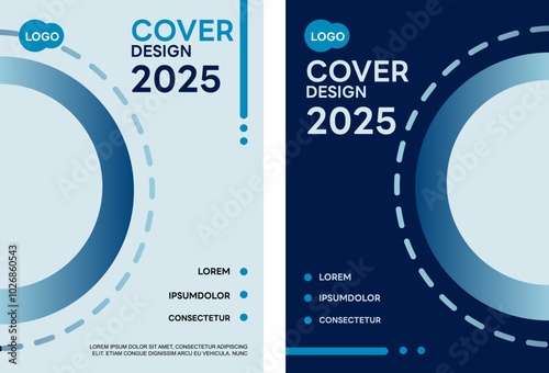 Modern cover design featuring a minimalist circular pattern, available in dark and light blue color schemes. The layout includes placeholders for logos, text, and essential information, makin