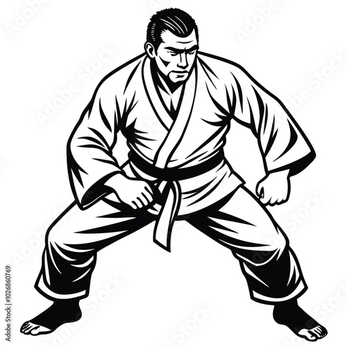 Judo male fighters, isolated vector silhouette, ink drawing illustration