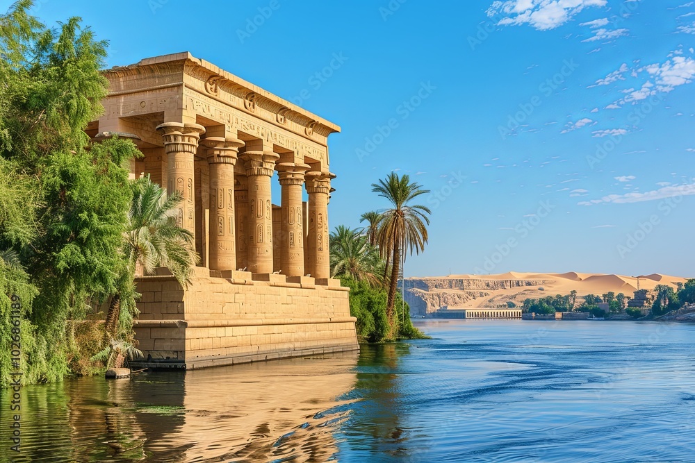 Ancient Egyptian temple ruins on the Nile River with palm trees and clear blue sky. Ancient Egyptian temple ruins on the Nile River with palm trees and clear blue sky.