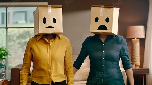 In a poignant portrayal of marital discord, a couple stands facing each other in their home, their identities obscured by paper bags on their heads