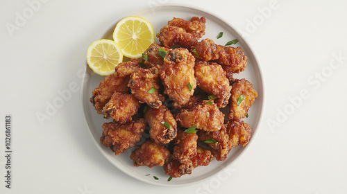 Hot and crispy karaage chicken on a plate with lemon
