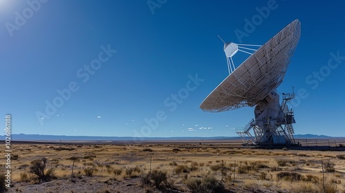 A large satellite dish antenna in a desert landscape under a bright blue sky with few clouds.