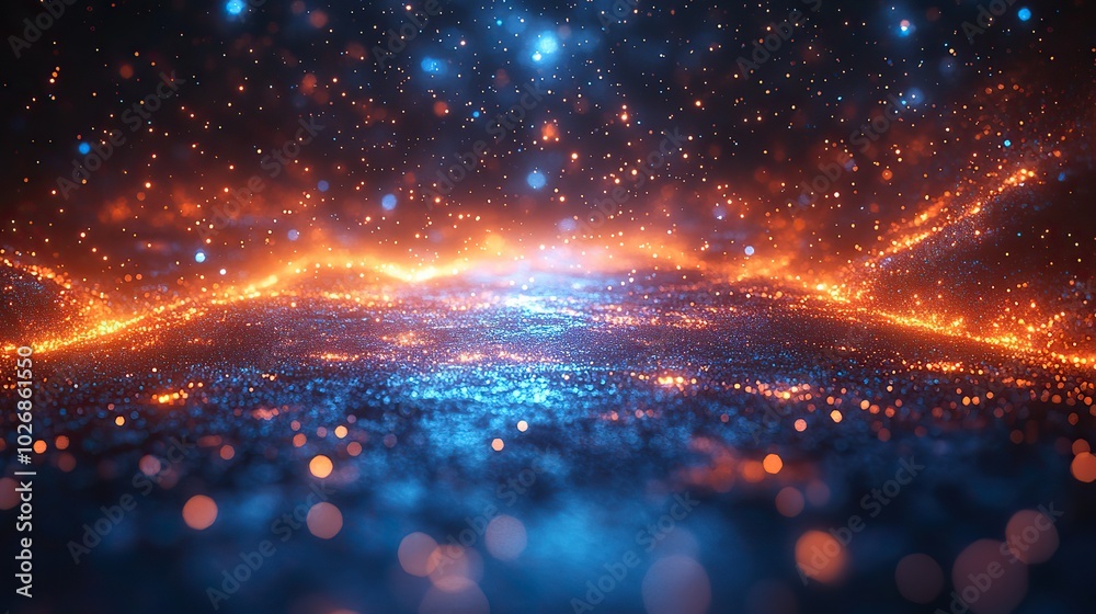 An abstract perspective grid with a shining blue floor and particles, creating a futuristic scene resembling a glittering space backdrop. An abstract perspective grid with a shining blue floor and particles, creating a futuristic scene resembling a glittering space backdrop.