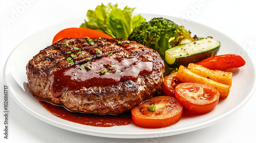 Hamburger steak with sauce and vegetables on the side