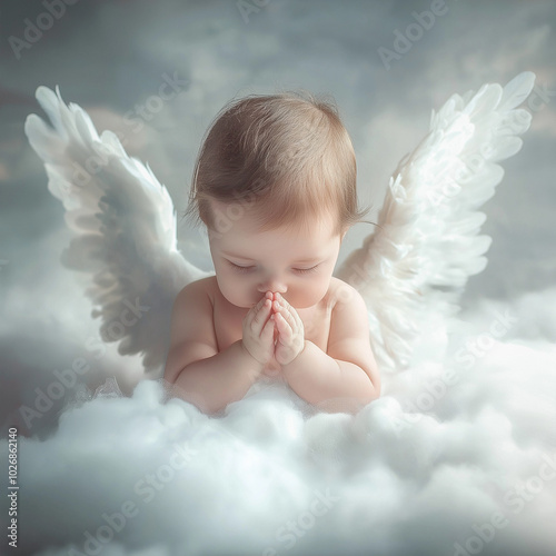 Portrait of a newborn with angel wings standing on the clouds and pray photo