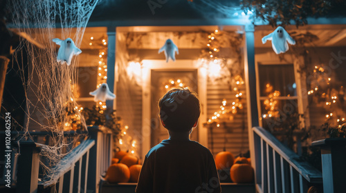 A kid decorating his house for Halloween, seen from behind. The child is placing spooky decorations like cobwebs and hanging ghosts on the porch. The house is adorned with pumpkins and eerie lights, c photo