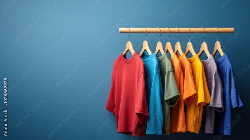 Fototapeta premium Colorful T-shirts on Hangers Against Blue Background