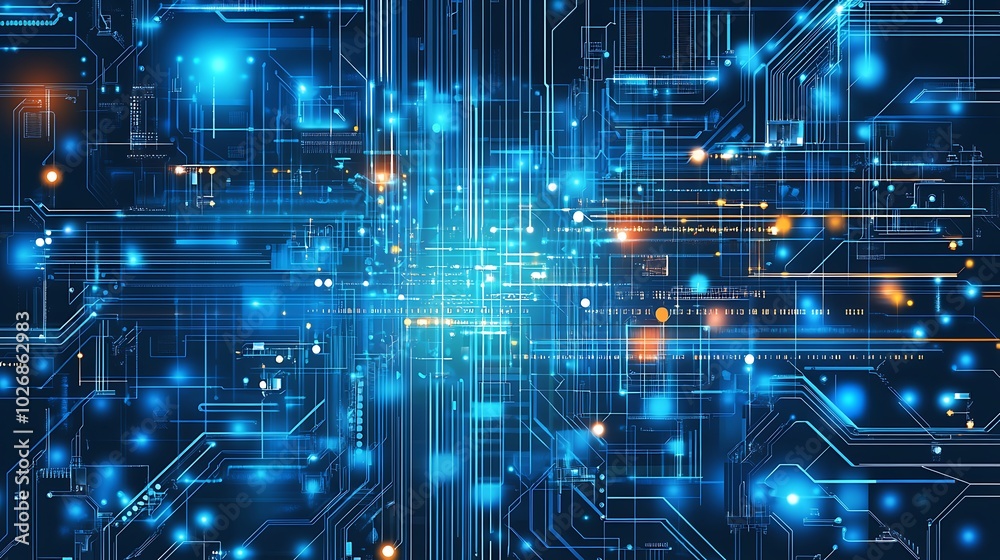 Detailed illustration of a closeup view of an intricate electronic circuit board, showcasing the complexity and precision of modern technology Detailed illustration of a closeup view of an intricate electronic circuit board, showcasing the complexity and precision of modern technology