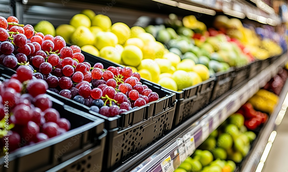 Fresh red grapes and green apples on display in a supermarket aisle. Fresh red grapes and green apples on display in a supermarket aisle.