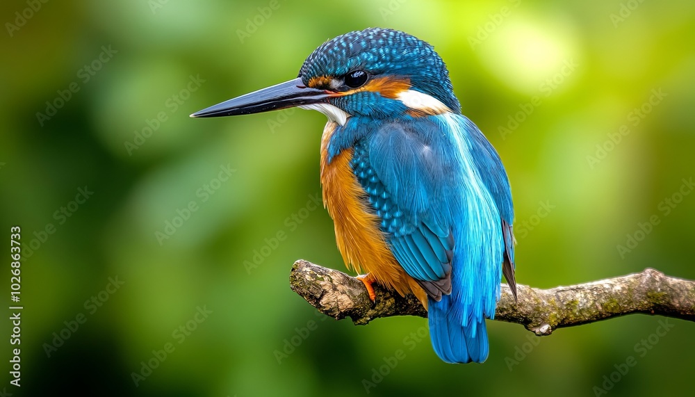 A vibrant blue and orange kingfisher perches on a branch, its head turned to the side, against a soft green background. A vibrant blue and orange kingfisher perches on a branch, its head turned to the side, against a soft green background.