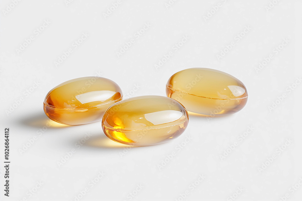 Three yellow softgels, product photography, white background, soft lighting, commercial advertising style, Three yellow softgels, product photography, white background, soft lighting, commercial advertising style,
