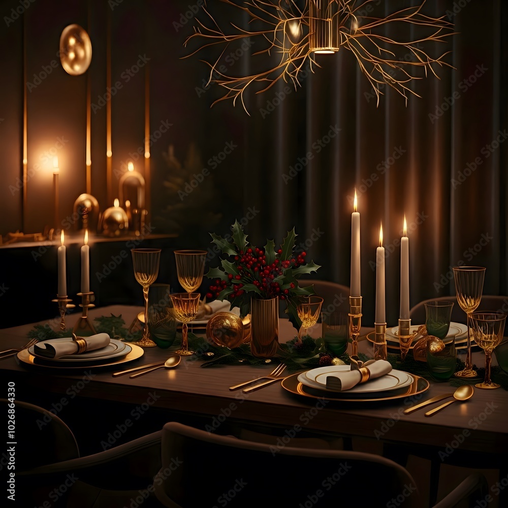 Elegant Candlelit Holiday Dinner with Golden Decor Elegant Candlelit Holiday Dinner with Golden Decor