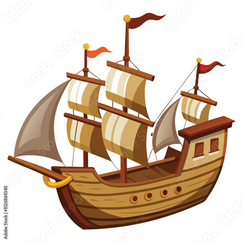 Wooden sailboat ship vector illustration isolated on a white background