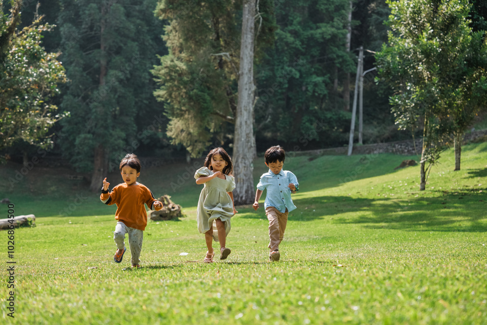 Obraz premium Three joyful children are playfully running around in a lush, green park basking in the sun