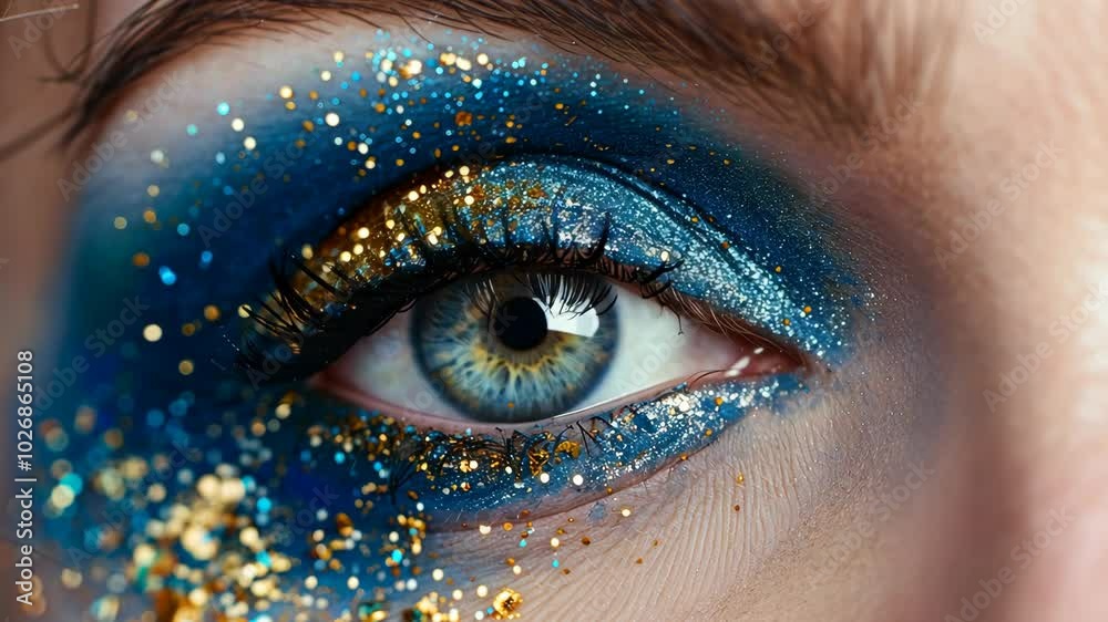A close-up of an eye with blue and gold eyeshadow, showcasing a stunning makeup look