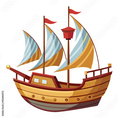 Wooden sailboat ship vector illustration isolated on a white background