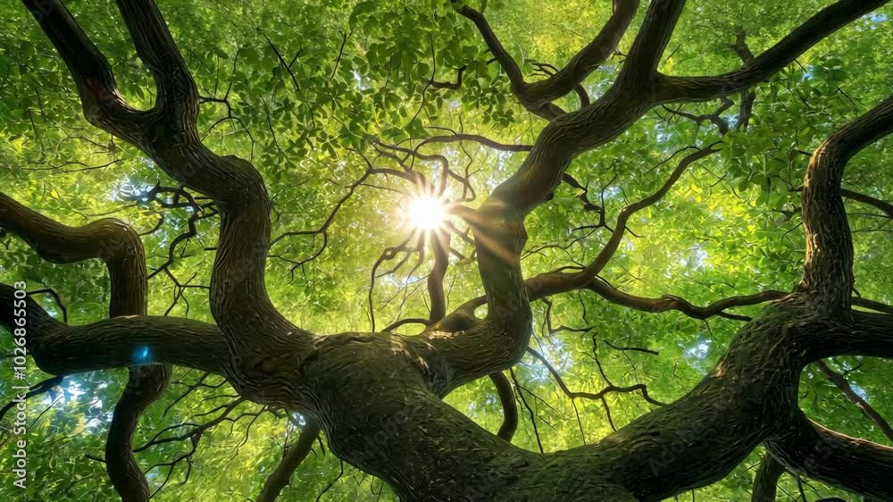sunlit tree shade of big tall oak tree, looking up under tree with sunlight