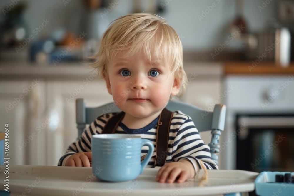 The baby sits in a high chair and eats from silicone dishes. Utensils for feeding babies. The baby sits in a high chair and eats from silicone dishes. Utensils for feeding babies.