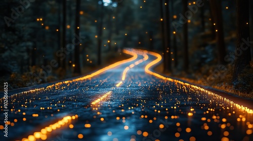 Binary data streams down a digital road, visualizing the concept of a data-driven pathway in a 3D illustration.