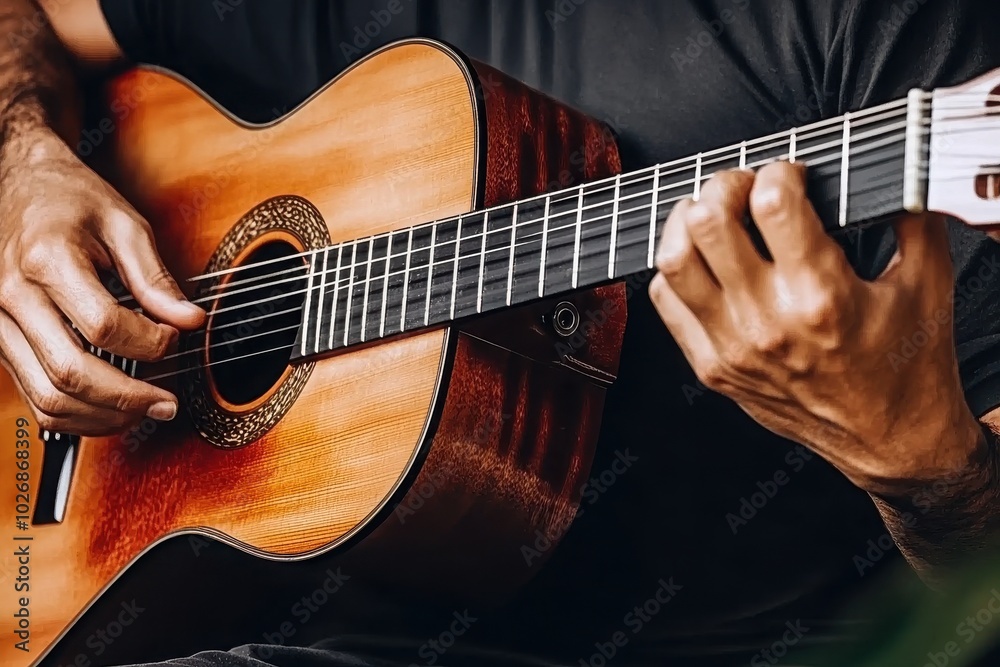 Fototapeta premium Close-Up of Musician Playing Vintage Acoustic Guitar
