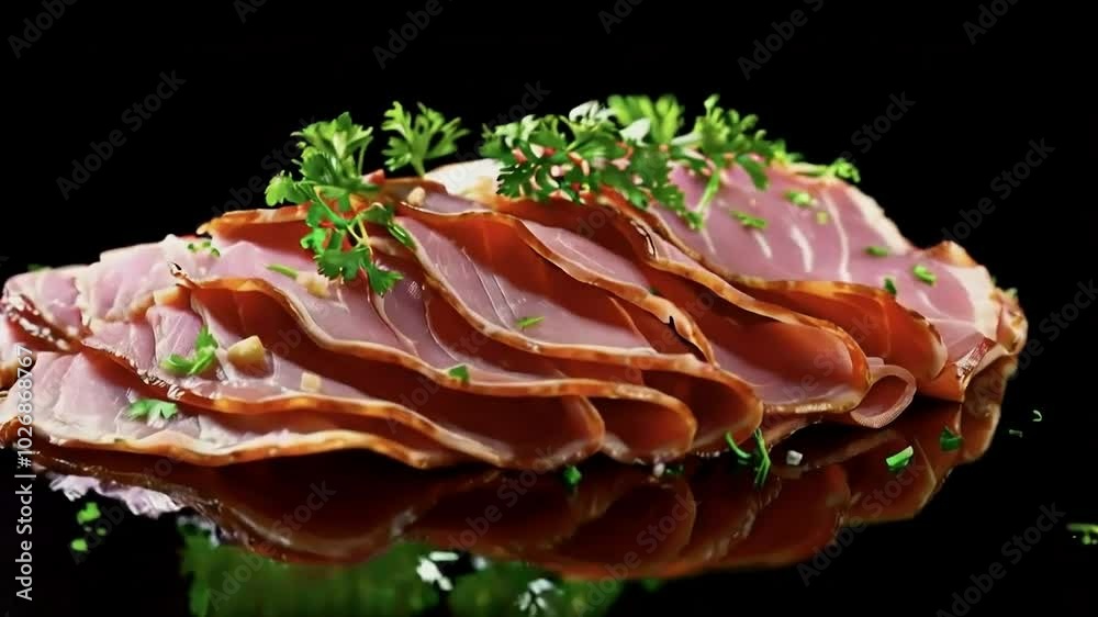 a stack of sliced ham with parsley leaves isolated on a black background a stack of sliced ham with parsley leaves isolated on a black background