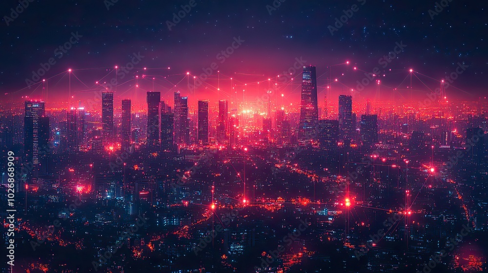 Digital illustration of a night city connected by communication lines, highlighting the role of technology in urban environments. Digital illustration of a night city connected by communication lines, highlighting the role of technology in urban environments.
