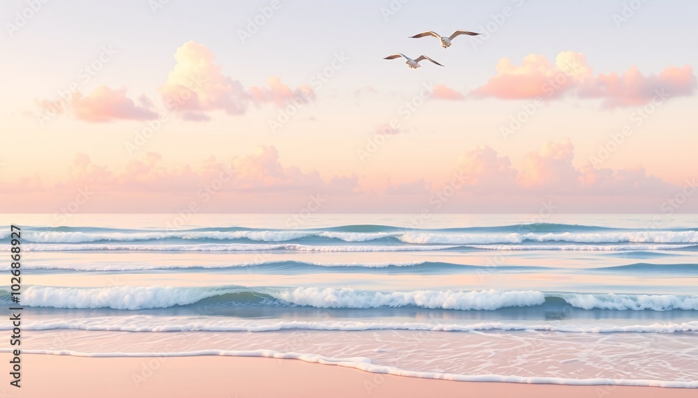 Obraz premium Peaceful seascape with gentle waves crashing on the shore, pink clouds, and birds in the distance. Perfect for a tranquil wallpaper or screensaver.