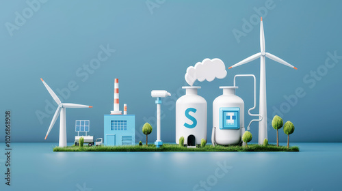 Sustainable energy production is depicted in this vibrant illustration featuring wind turbines, solar panels, and hydrogen storage. scene emphasizes eco friendly technology and innovation