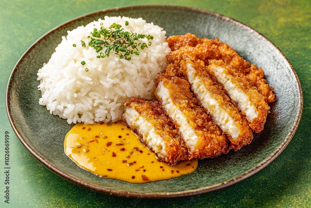 Crispy breaded fried fish served with white rice and a side of orange sauce on a green plate. Crispy breaded fried fish served with white rice and a side of orange sauce on a green plate.