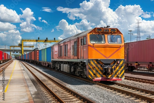 A freight train is being loaded with containers at a busy railway station, surrounded by a vibrant urban environment. Generative AI
