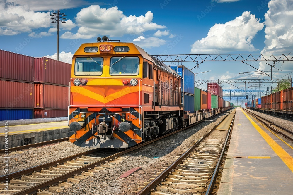 A freight train is being efficiently loaded with colorful containers at a railway station, showcasing logistical operations in action. Generative AI