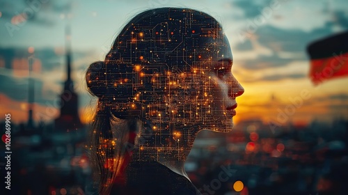 Wallpaper Mural Double exposure of a human head with microcircuit holograms set against the German flag and sky, illustrating AI advancements. Torontodigital.ca