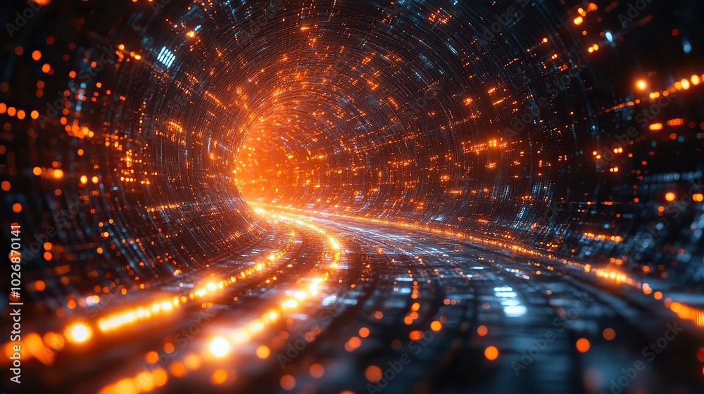 Fototapeta premium Dynamic scene of optical fibers extending from deep within a technology background, emphasizing data flow and connectivity.