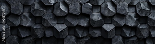Abstract black geometric pattern of hexagonal shapes, arranged in a repeating pattern, forming a textured background.