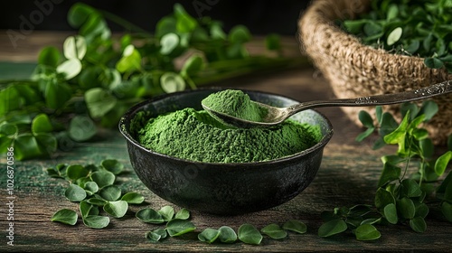 A close-up shot of a bowl of spirulina powder with a spoon and fresh spirulina leaves on a wooden table. photo