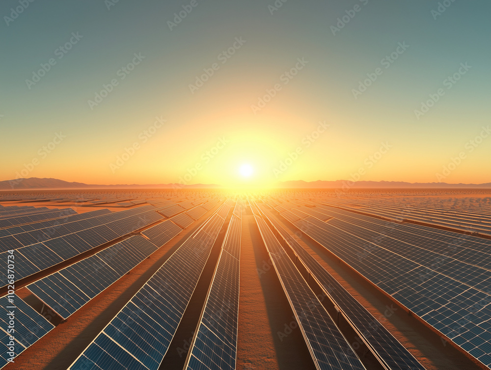 A solar panel farm with rows of solar panels stretching into the distance