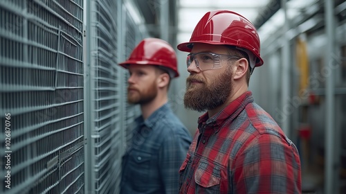 Engineers examine the cooling system of a large building or industrial site, ensuring efficient operation and maintenance.