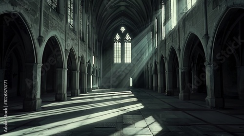 Sunbeams illuminate an empty gothic cathedral, highlighting the arched doorways and stone columns.