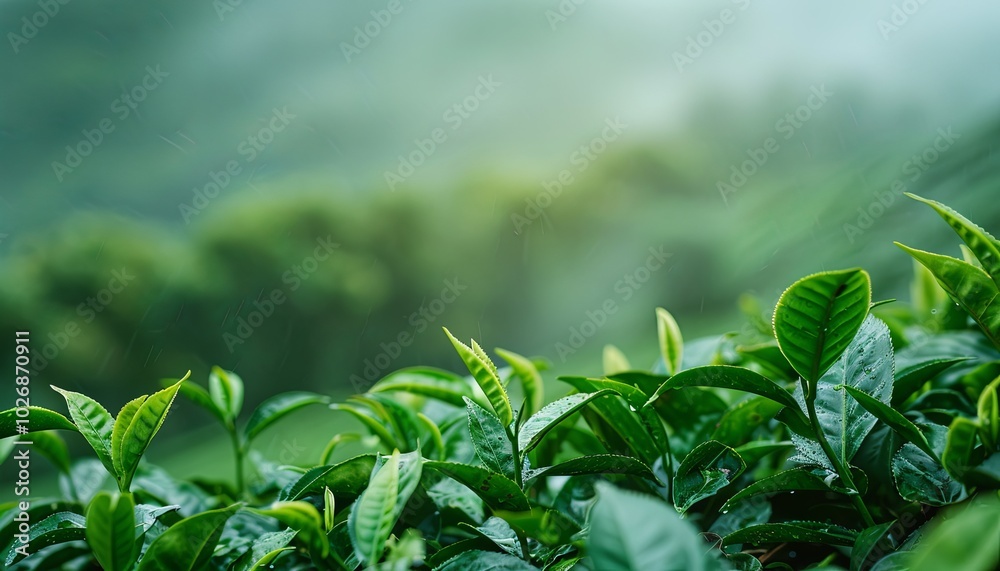 Close-up of lush green tea leaves in a misty forest. Close-up of lush green tea leaves in a misty forest.