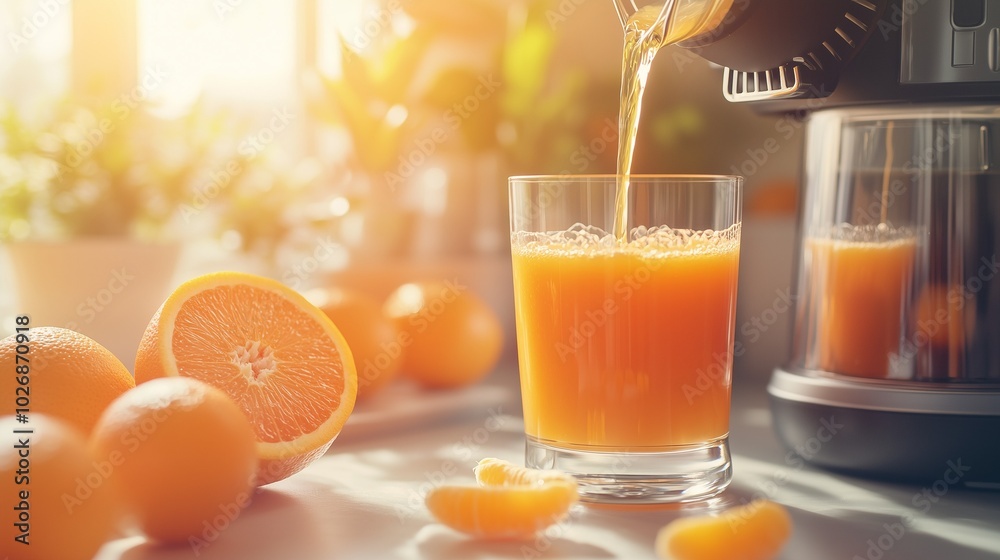 A close-up of fresh orange juice being poured into a glass, with bright oranges and a juicer in the background. The sunlight streaming through the window adds warmth A close-up of fresh orange juice being poured into a glass, with bright oranges and a juicer in the background. The sunlight streaming through the window adds warmth